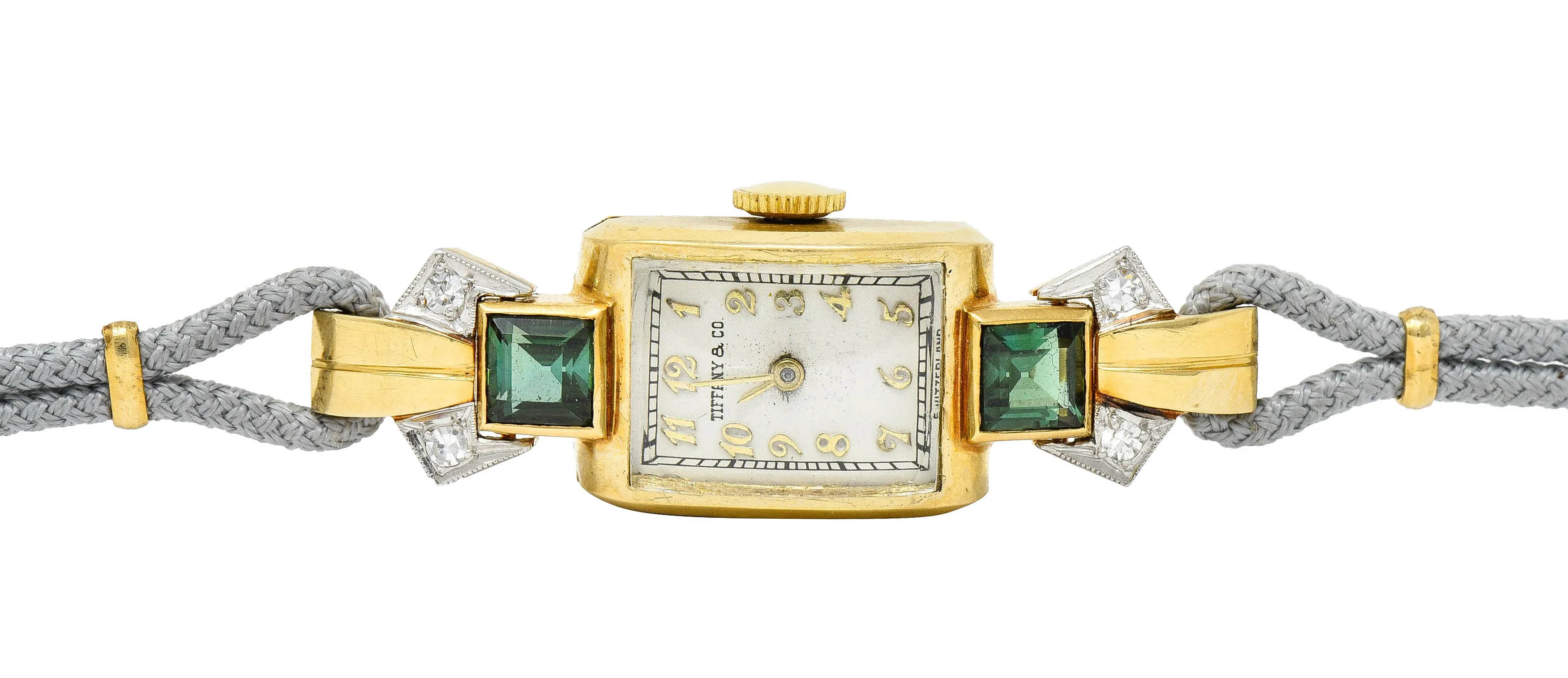 1941 Tiffany & Co. Green Tourmaline Diamond Platinum-Topped 14 Karat Gold Watch Bracelet