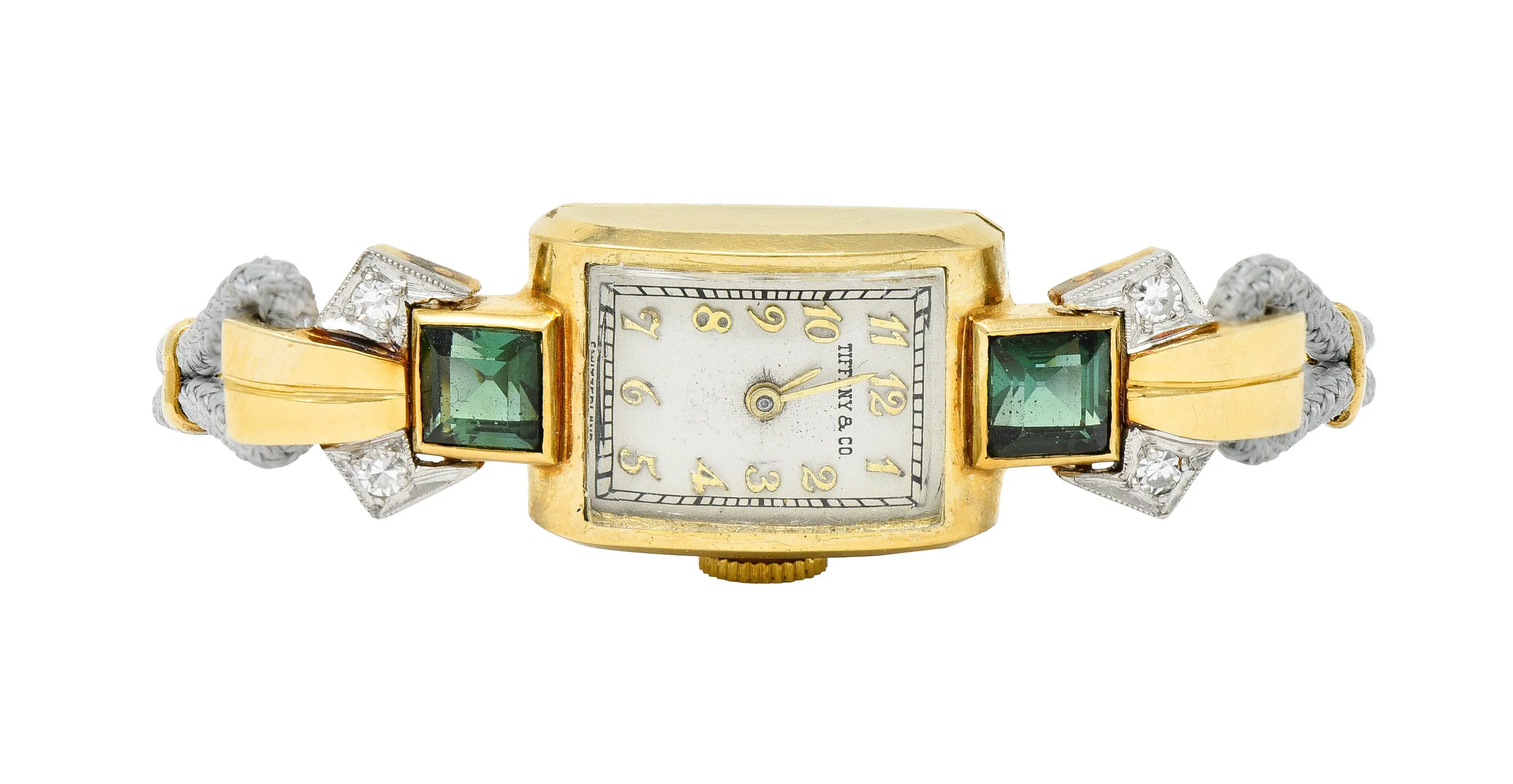 1941 Tiffany & Co. Green Tourmaline Diamond Platinum-Topped 14 Karat Gold Watch Bracelet