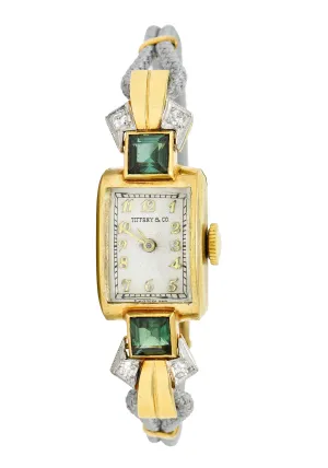 1941 Tiffany & Co. Green Tourmaline Diamond Platinum-Topped 14 Karat Gold Watch Bracelet