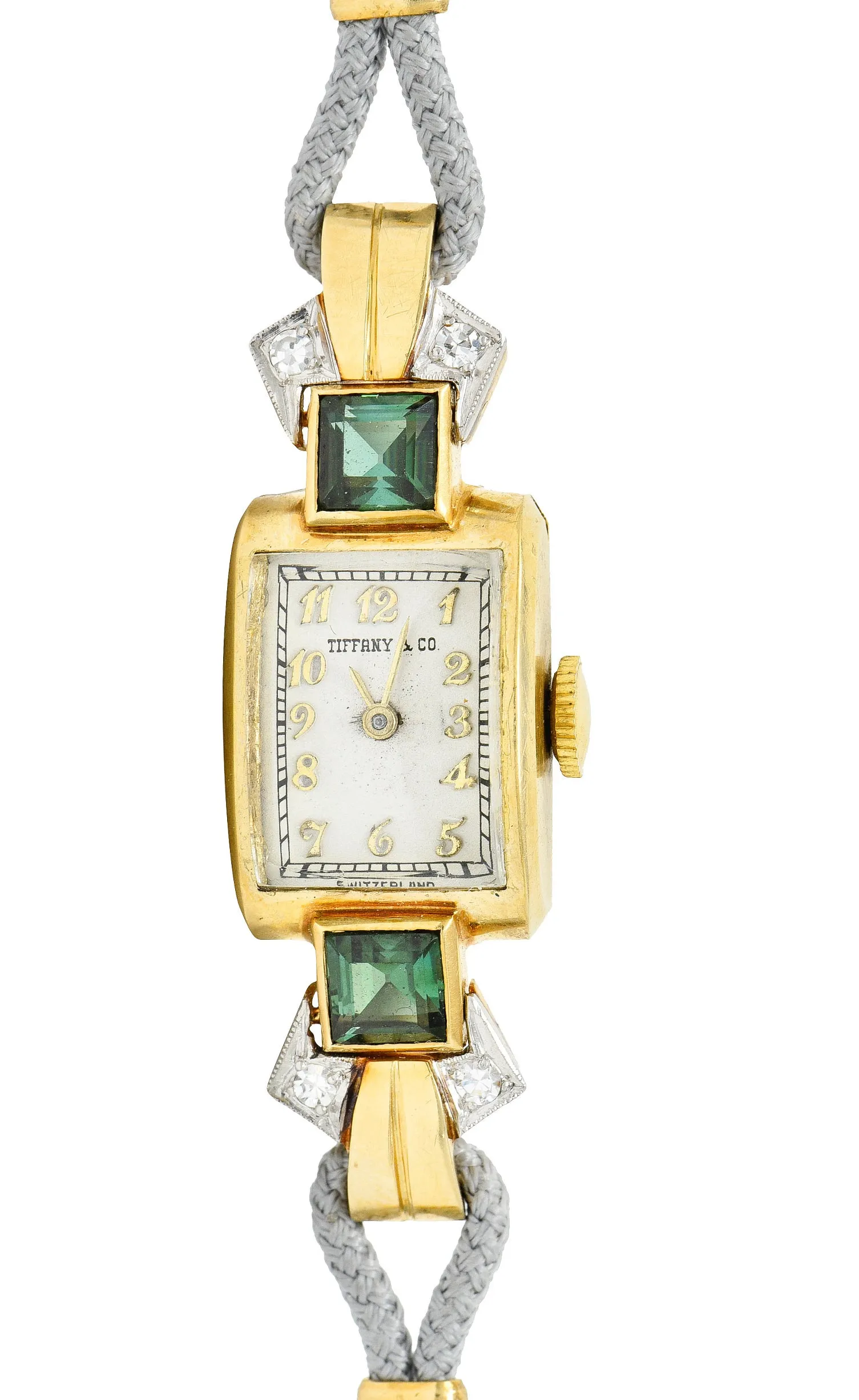 1941 Tiffany & Co. Green Tourmaline Diamond Platinum-Topped 14 Karat Gold Watch Bracelet