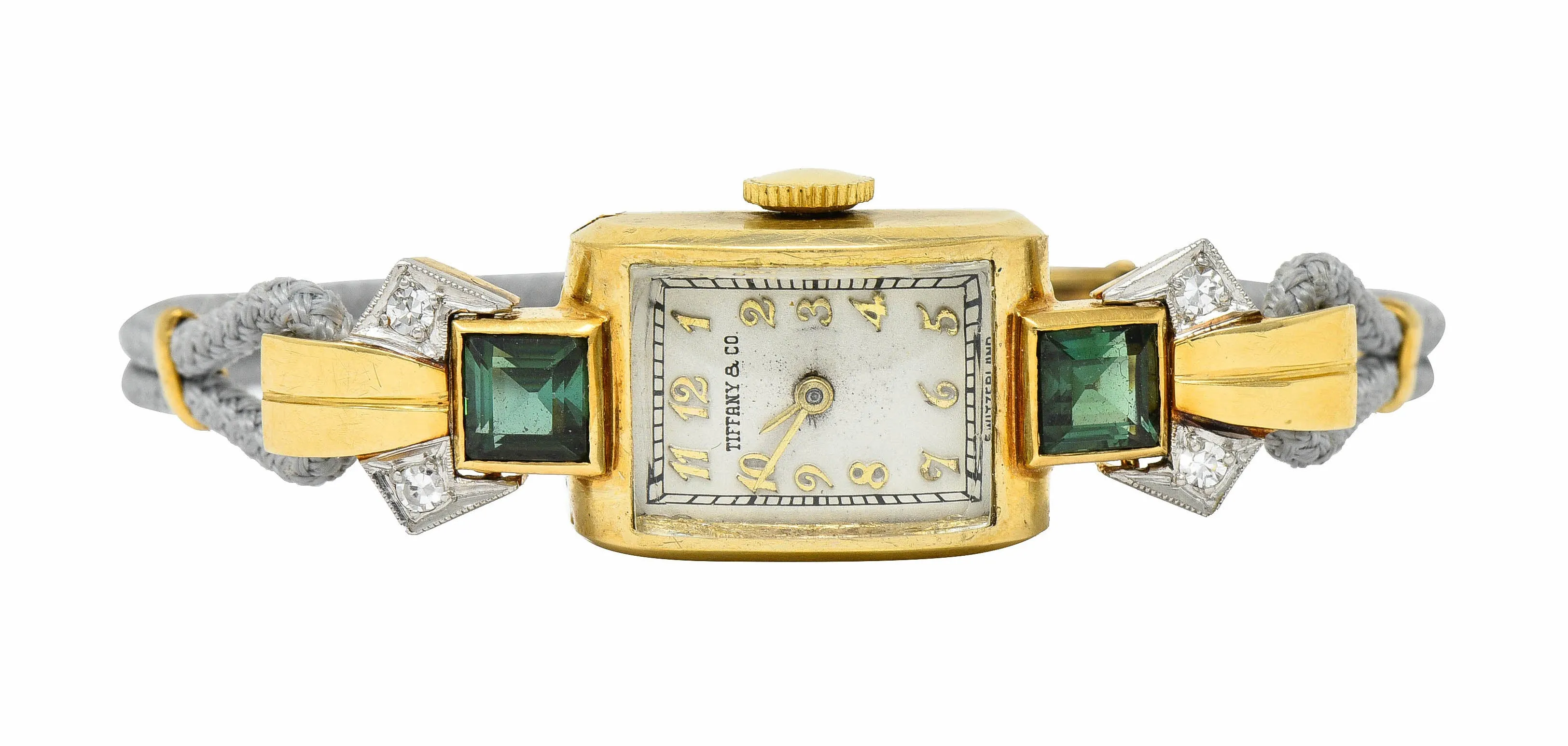 1941 Tiffany & Co. Green Tourmaline Diamond Platinum-Topped 14 Karat Gold Watch Bracelet