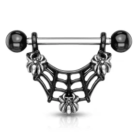 3 Spiders On Black IP Spider Web Dangle 316L Surgical Steel Nipple Rings