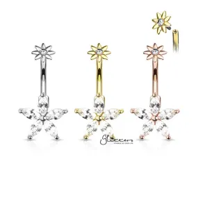 316L Surgical Steel 5 Marquise CZ Petals Flower Belly Button Navel Rings with Internally Threaded CZ Center Small Flower Top