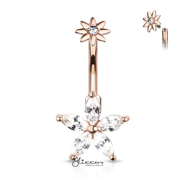 316L Surgical Steel 5 Marquise CZ Petals Flower Belly Button Navel Rings with Internally Threaded CZ Center Small Flower Top