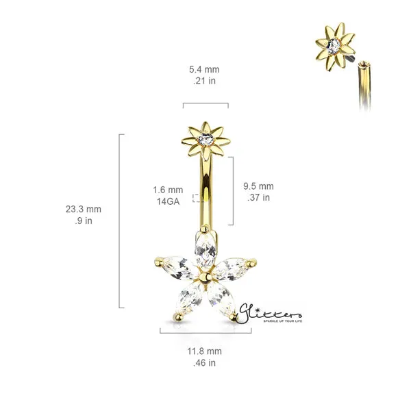 316L Surgical Steel 5 Marquise CZ Petals Flower Belly Button Navel Rings with Internally Threaded CZ Center Small Flower Top