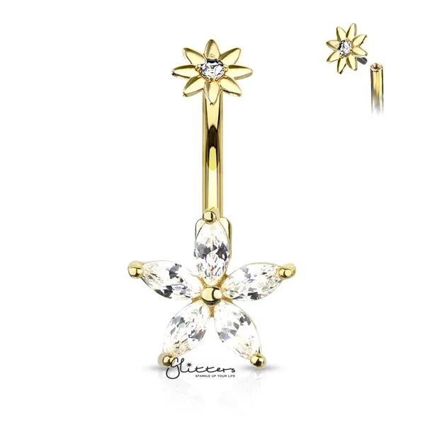 316L Surgical Steel 5 Marquise CZ Petals Flower Belly Button Navel Rings with Internally Threaded CZ Center Small Flower Top