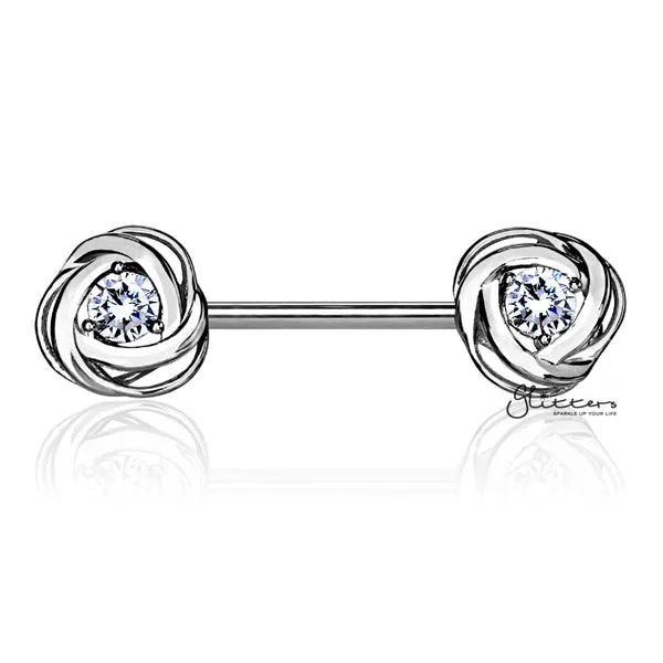 316L Surgical Steel Nipple Barbell Rings with CZ Centered Rose Blossom - Silver