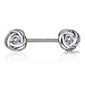 316L Surgical Steel Nipple Barbell Rings with CZ Centered Rose Blossom - Silver