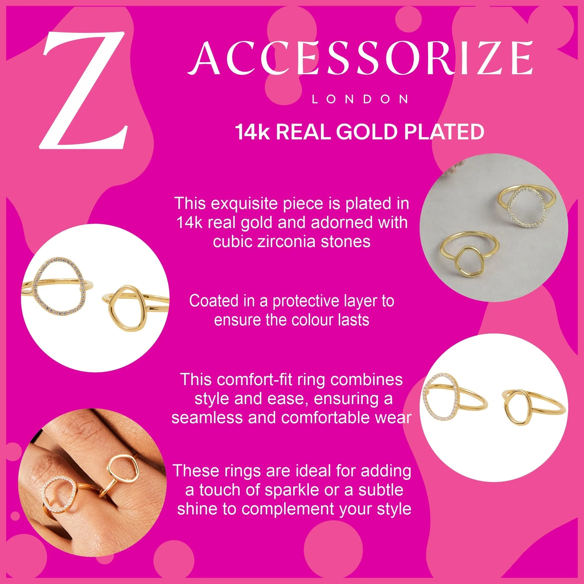 Accessorize London Women's Z Real Gold-Plated Cubic Zirconia Sparkle Pebble Rings Pack Of Two-Large