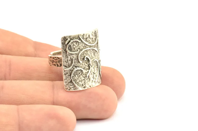 Antique Silver Ethnic Ring, 1 Antique Silver Plated Brass Textured Square Adjustable Ethnic Rings E252