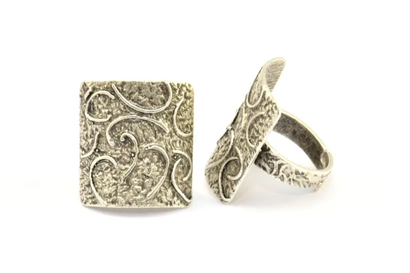 Antique Silver Ethnic Ring, 1 Antique Silver Plated Brass Textured Square Adjustable Ethnic Rings E252