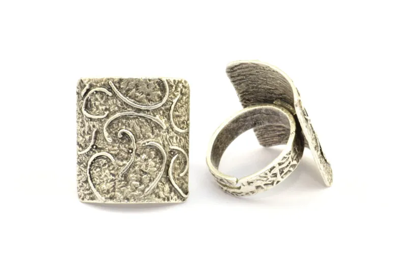 Antique Silver Ethnic Ring, 1 Antique Silver Plated Brass Textured Square Adjustable Ethnic Rings E252