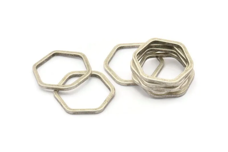 Antique Silver Hexagon, 8 Antique Silver Plated Brass Hexagonal Rings (25x2x2) D0136 H0017