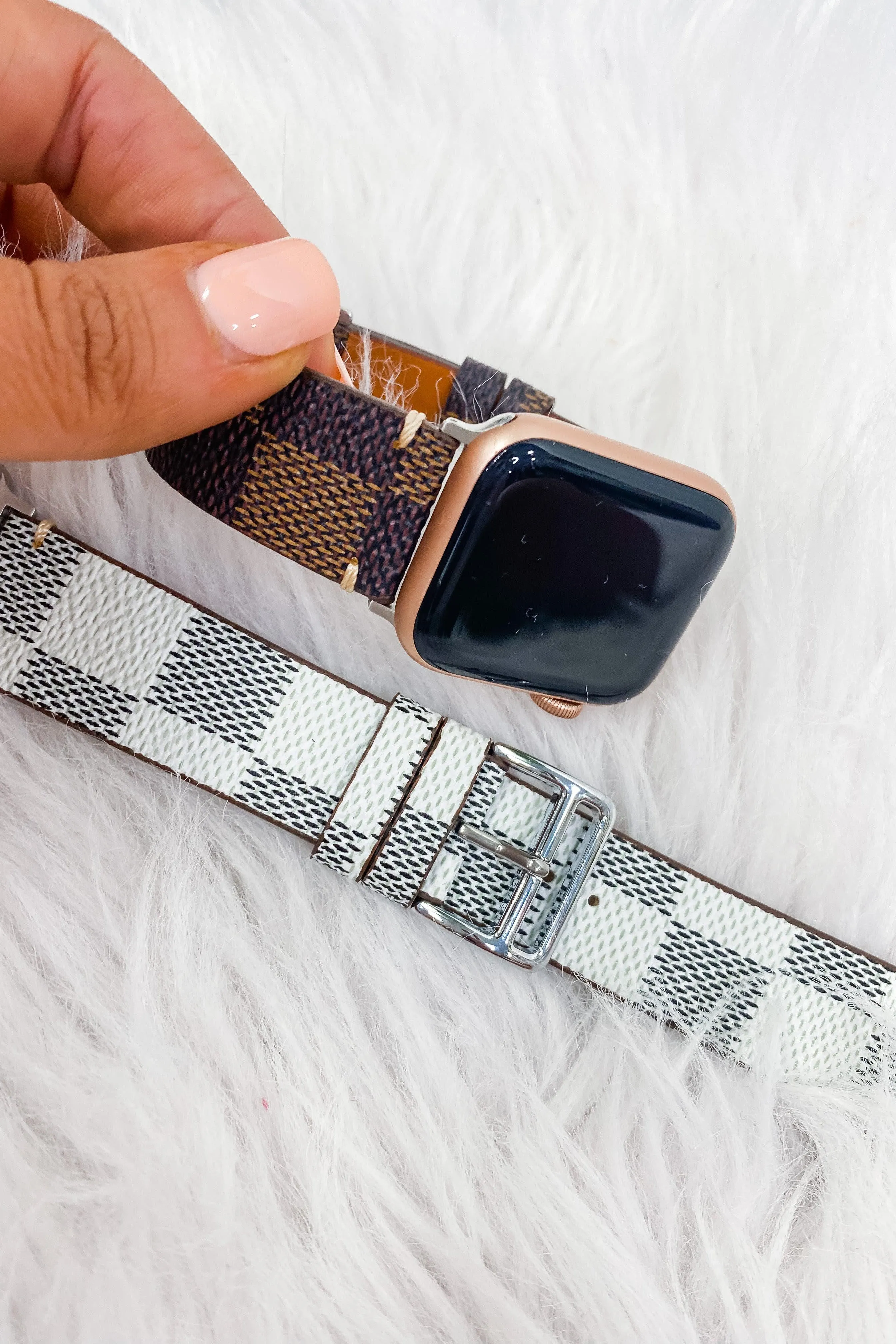 Apple Watch Band- {Brown & White} Checkered Leather Band