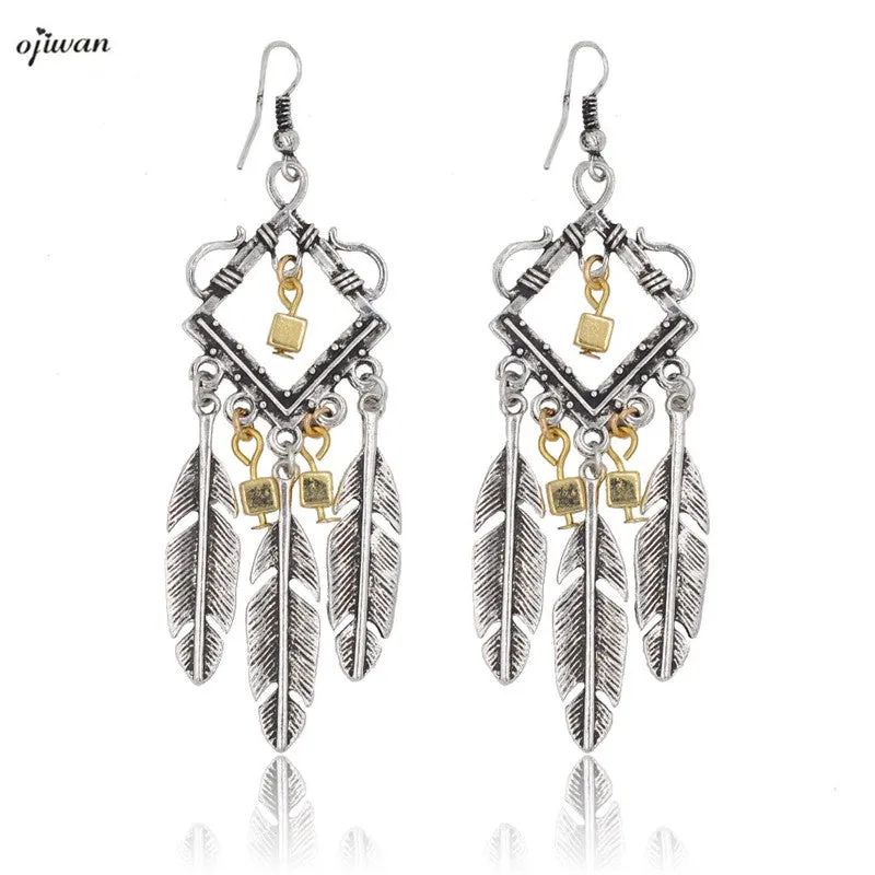 aritos Tribal Earrings Women Jewelry Gypsy Earrings Hippie Boho Chic Indian American Feather Chandelier Earrings Cowgirl