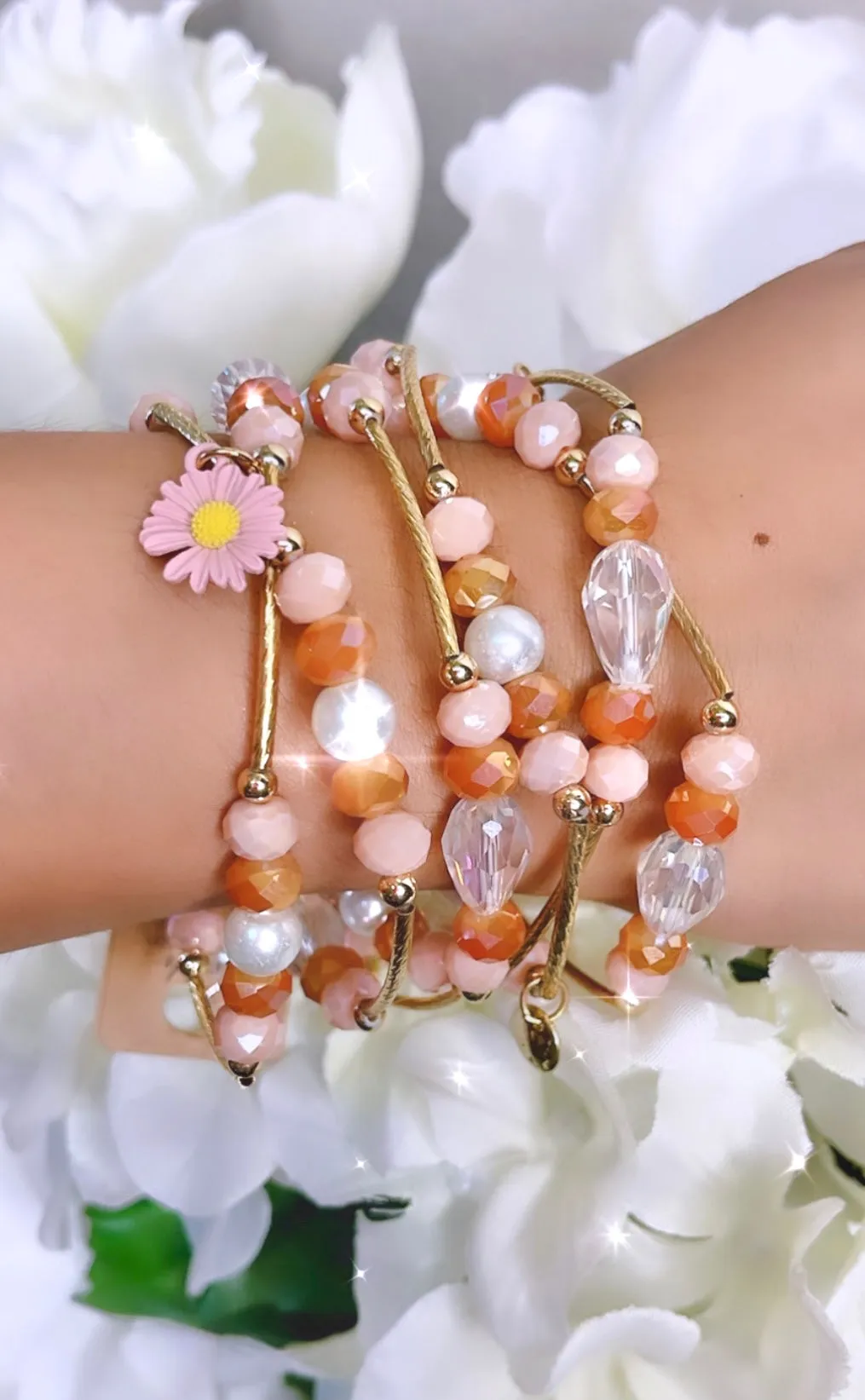 Beautiful Blush, Peach, Rose Gold Crystal 6 pc bracelets with charms