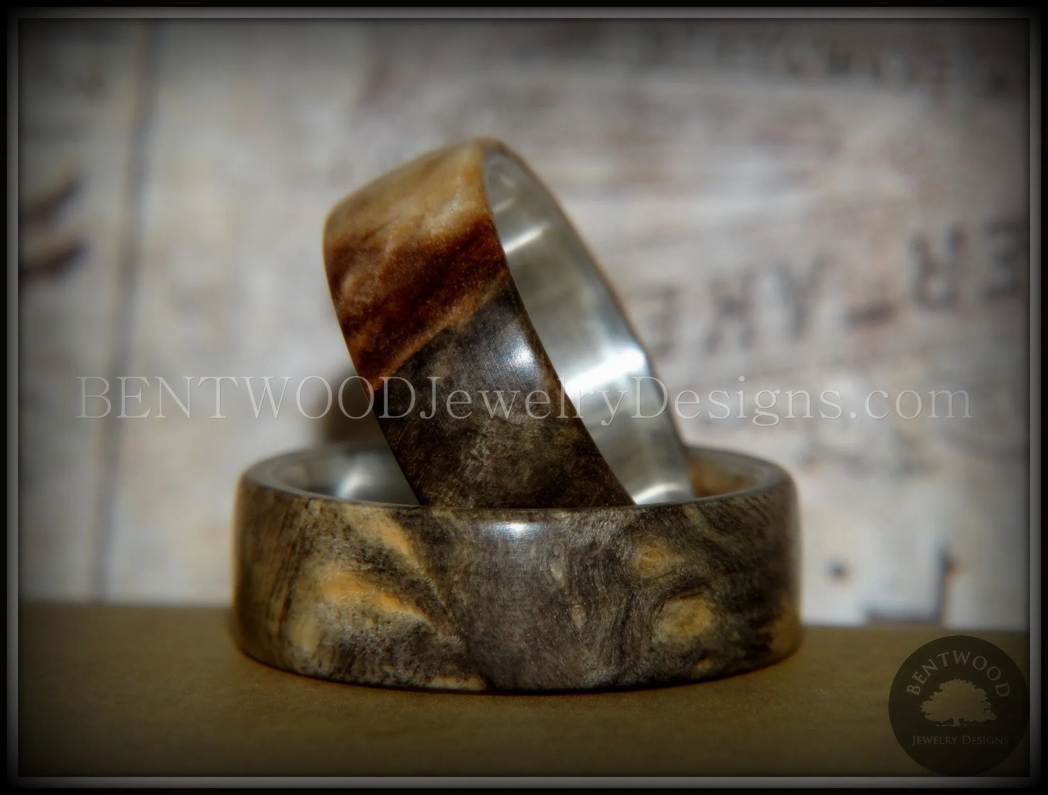 Bentwood Rings Set - Midwest Buckeye Burl on Silver Core Classic Wood Ring Bands