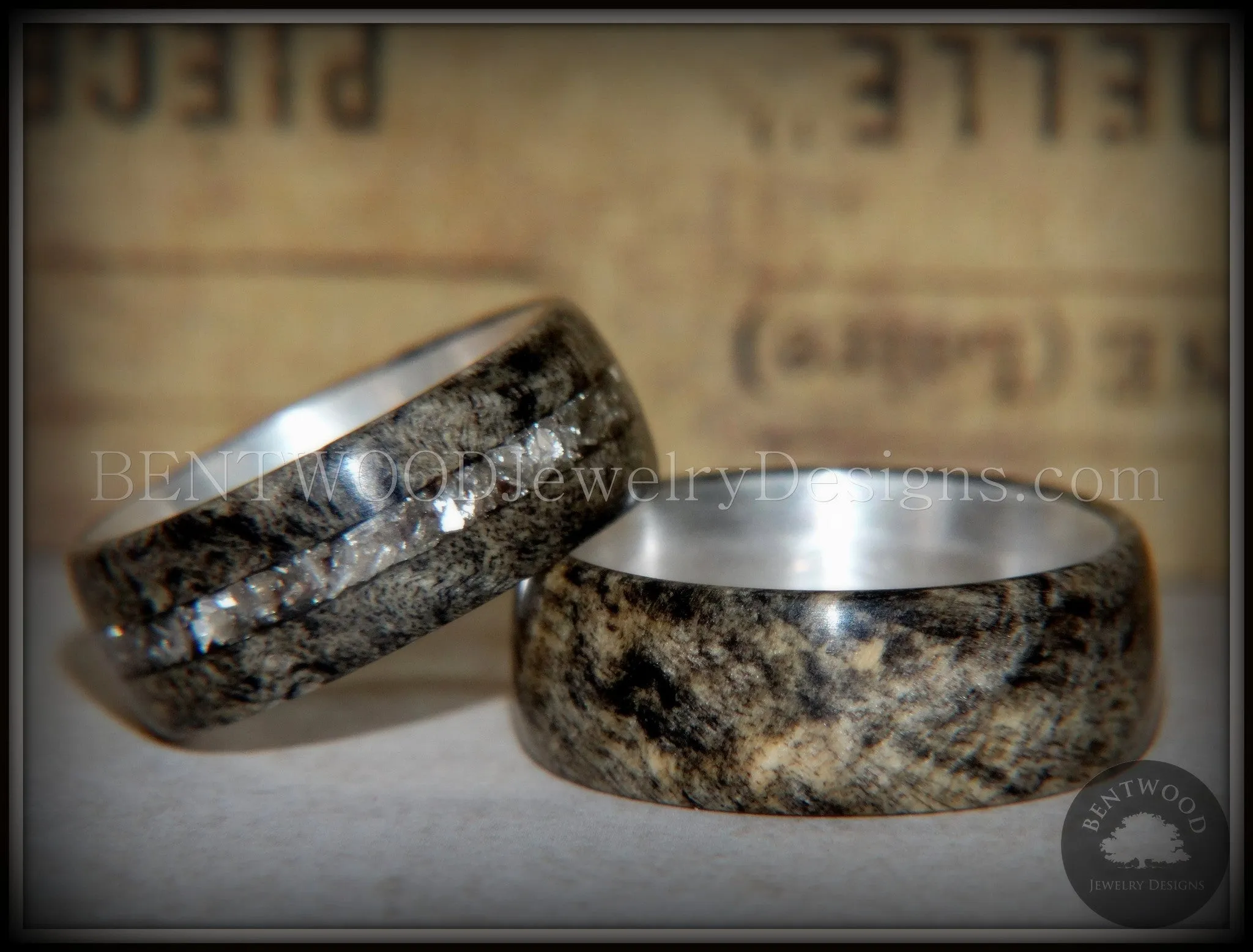 Bentwood Rings Set - Ohio Buckeye Burl on Silver Core Classic and Glass Inlay