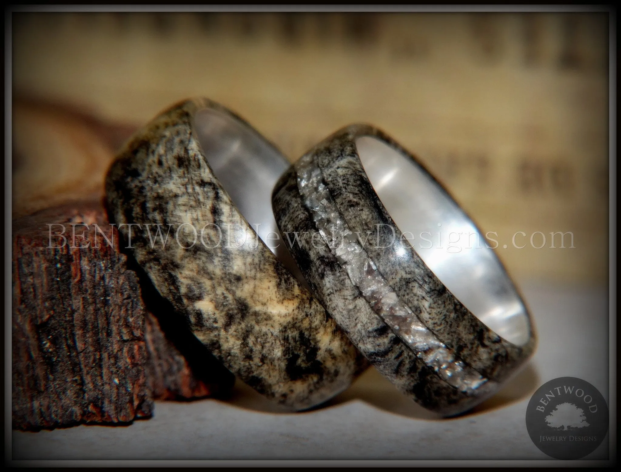 Bentwood Rings Set - Ohio Buckeye Burl on Silver Core Classic and Glass Inlay