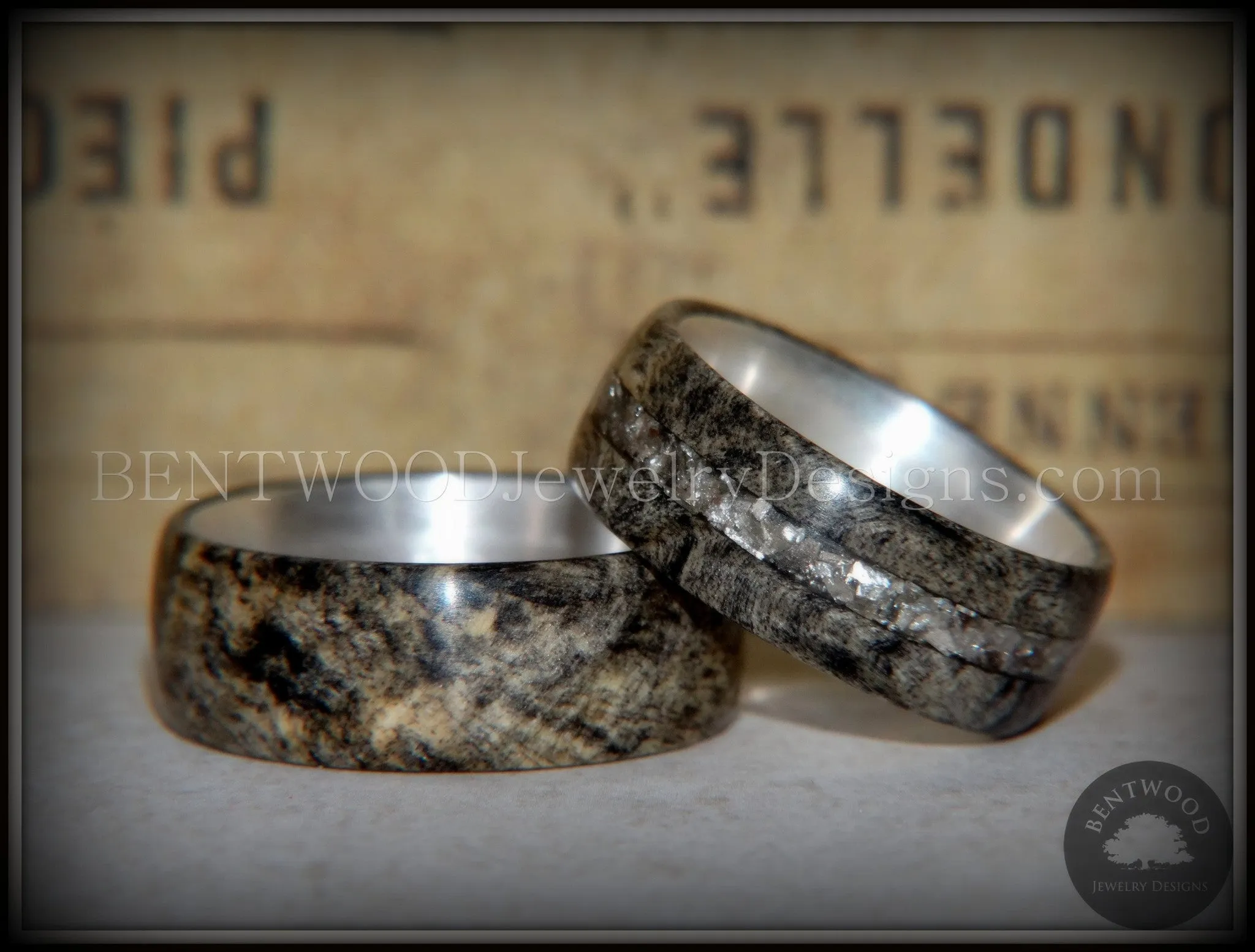 Bentwood Rings Set - Ohio Buckeye Burl on Silver Core Classic and Glass Inlay