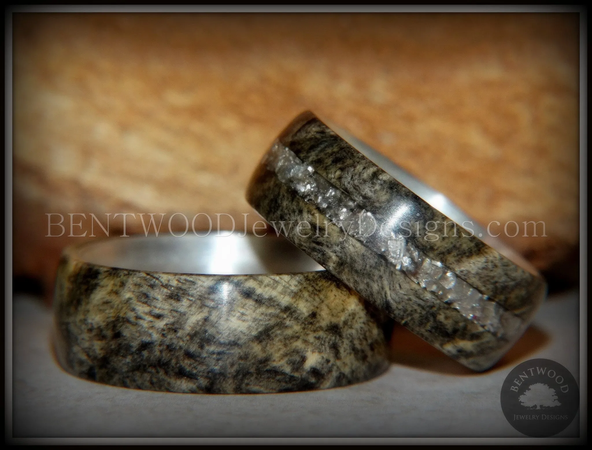 Bentwood Rings Set - Ohio Buckeye Burl on Silver Core Classic and Glass Inlay