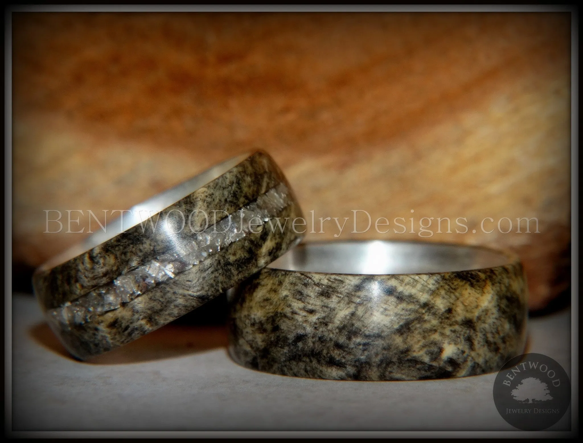 Bentwood Rings Set - Ohio Buckeye Burl on Silver Core Classic and Glass Inlay