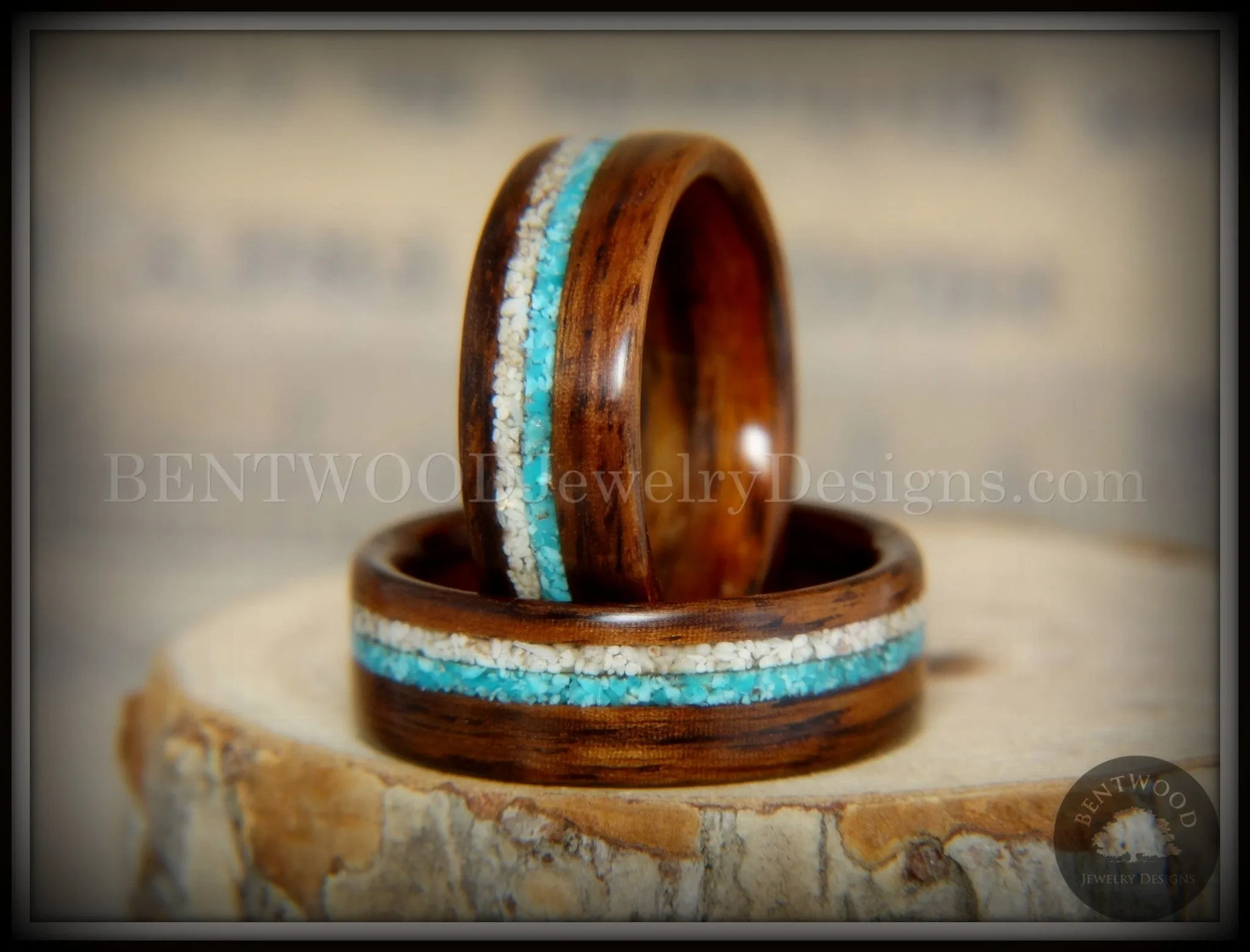 Bentwood Rings Set - Rosewood Wood Ring with Sleeping Beauty Turquoise and Beach Sand Inlay