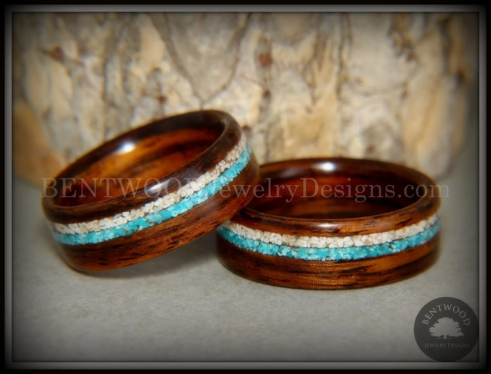 Bentwood Rings Set - Rosewood Wood Ring with Sleeping Beauty Turquoise and Beach Sand Inlay