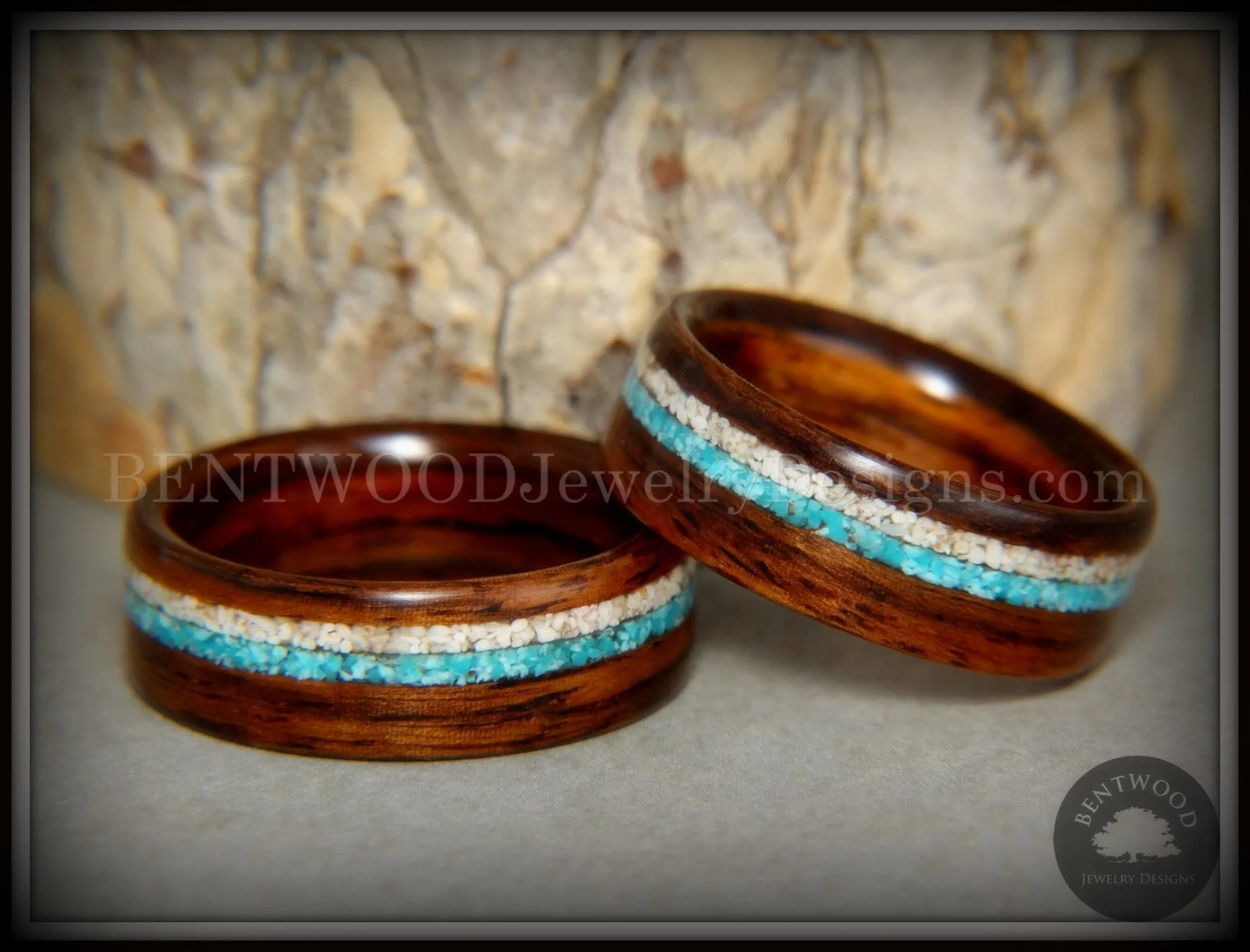 Bentwood Rings Set - Rosewood Wood Ring with Sleeping Beauty Turquoise and Beach Sand Inlay