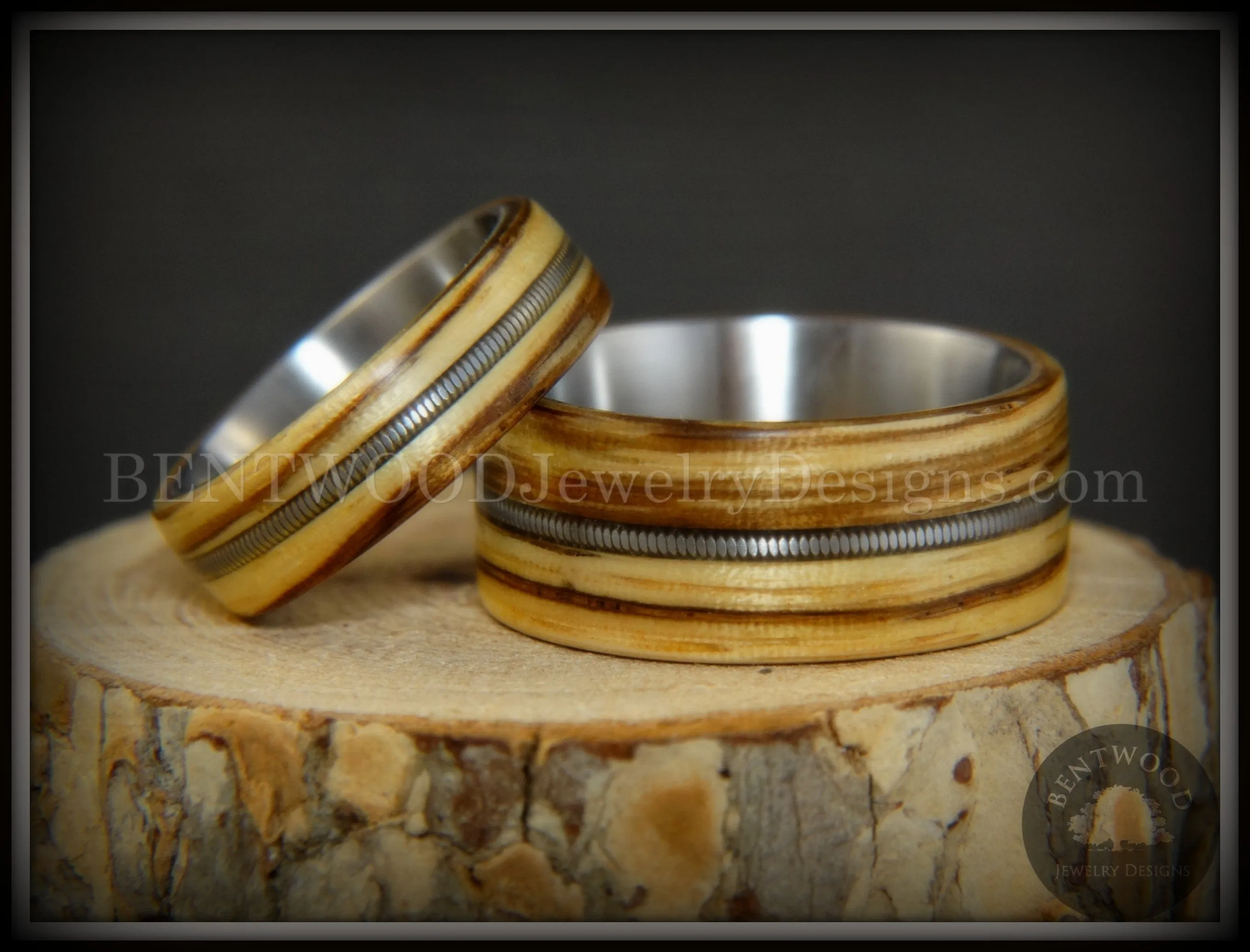 Bentwood Rings Set - Striped Rock & Roll Couple Zebrawood with Matching Silver Electric Guitar String Inlays on Titanium Steel Core