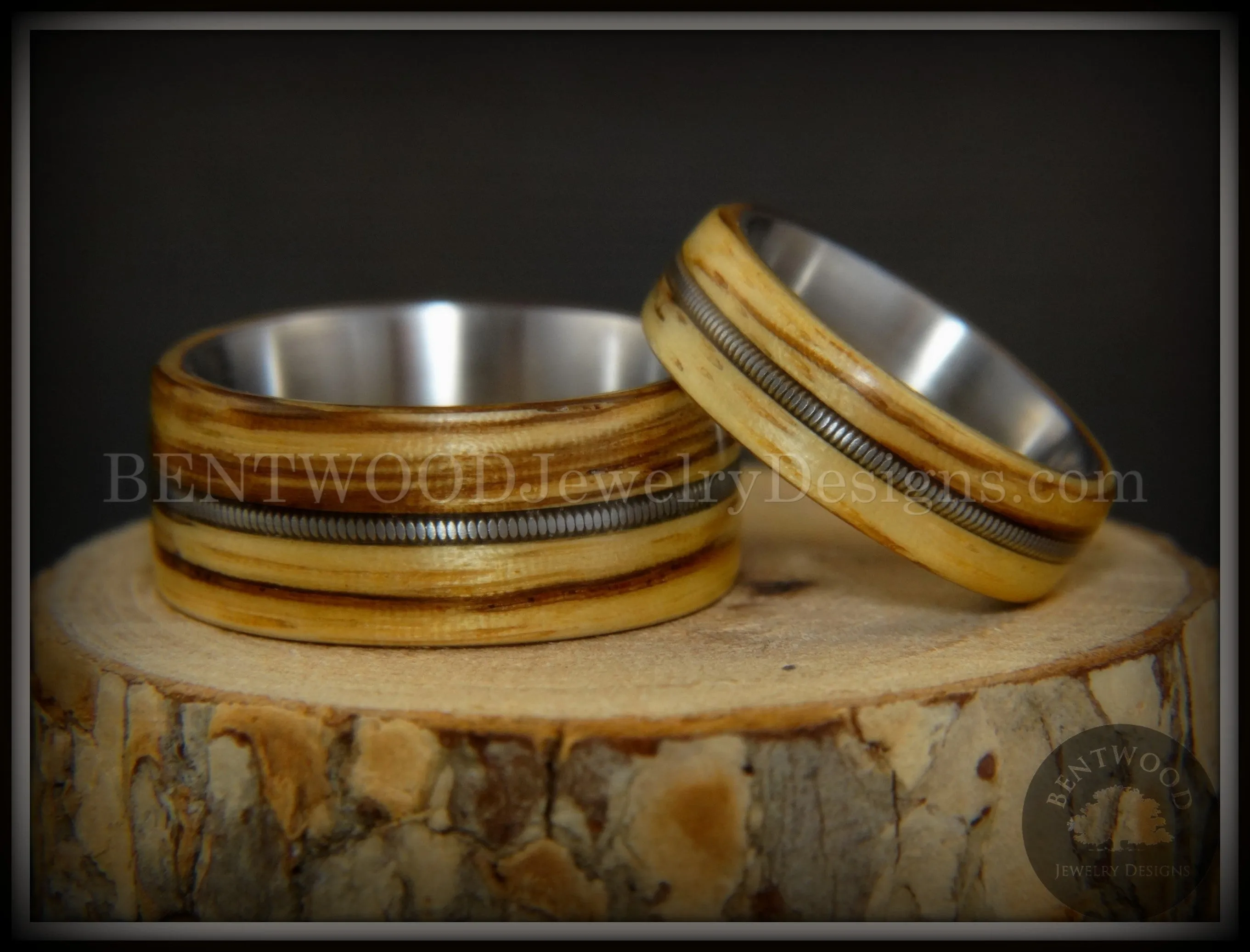 Bentwood Rings Set - Striped Rock & Roll Couple Zebrawood with Matching Silver Electric Guitar String Inlays on Titanium Steel Core