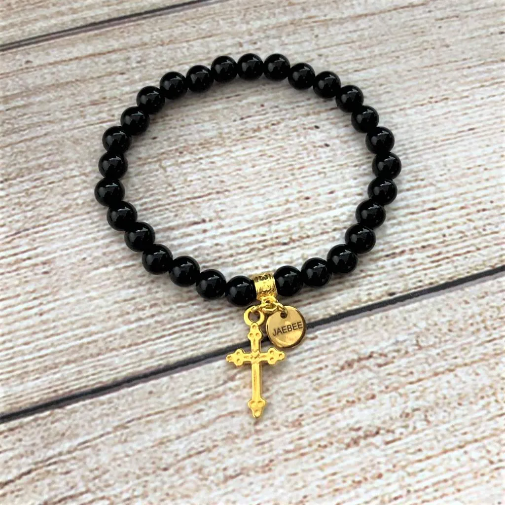 Black Onyx Beaded Bracelets and Gold Cross Bracelets