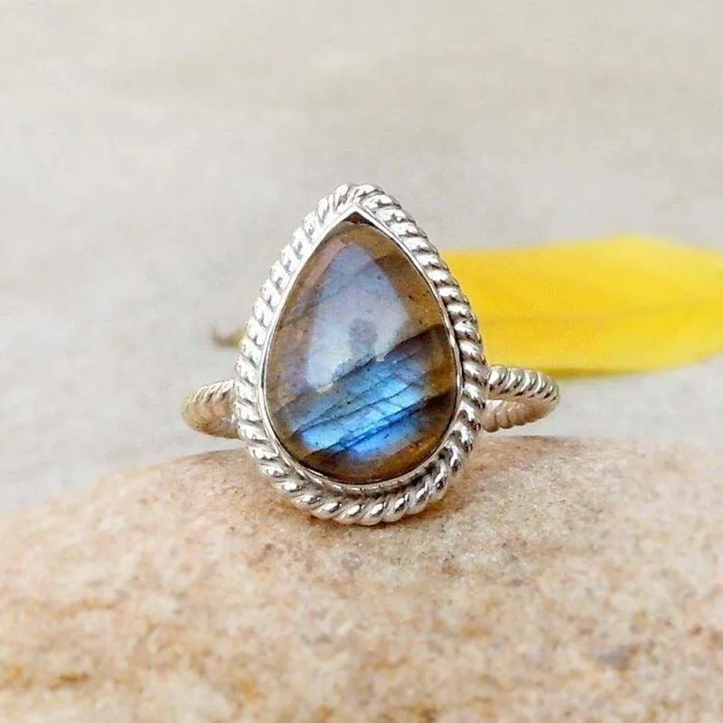 Blue Fire Natural Labradorite Sterling Silver Ring Pear Shape Gemstone Rings Teardrop ring