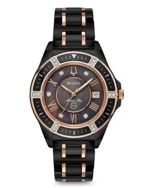 Bulova Womens Black Ceramic Marine Star Watch with Diamonds and Rose Gold-Tone Accents