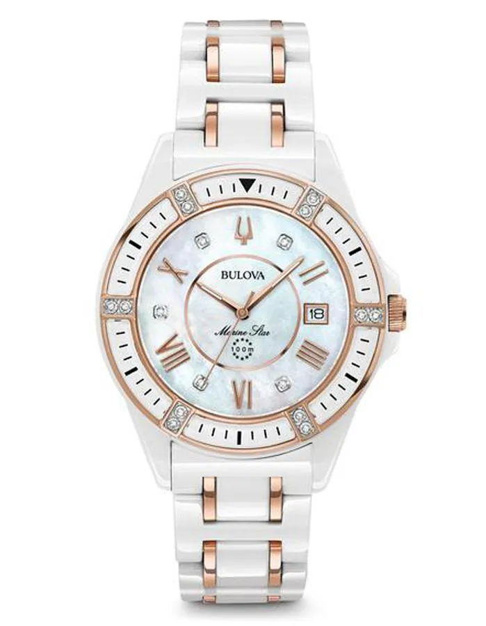 Bulova Womens Marine Star Watch - White Ceramic with Diamonds - Rose Gold-Tone Accents