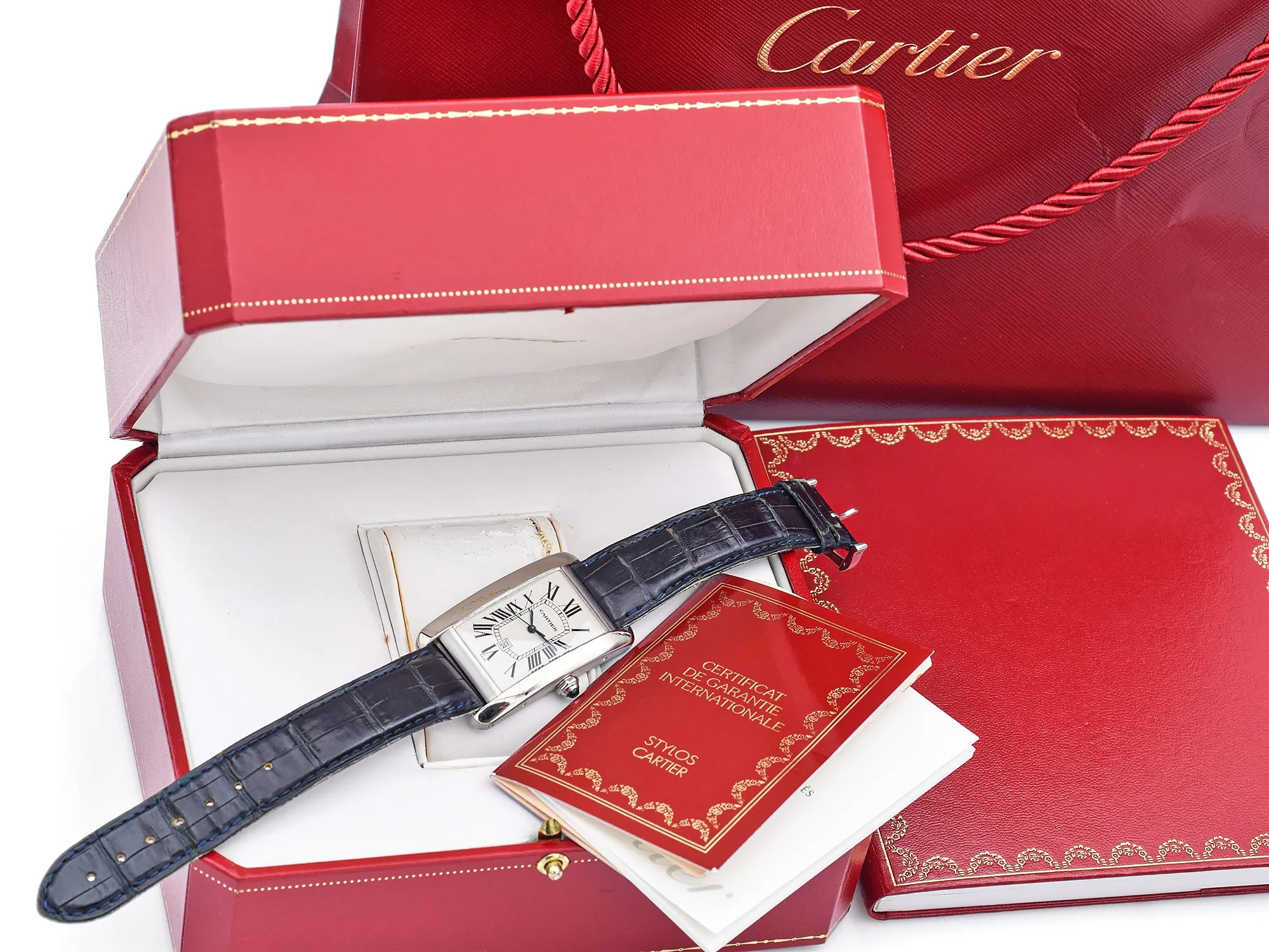 Stylish Cartier Tank Americaine 18K White Gold Automatic Mens Watch (Ref. 1741) - Complete with Box and Papers