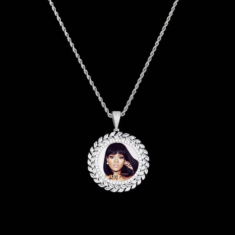 Custom 18k Gold Wheat Cubic Zircon Photo Pendant Necklace