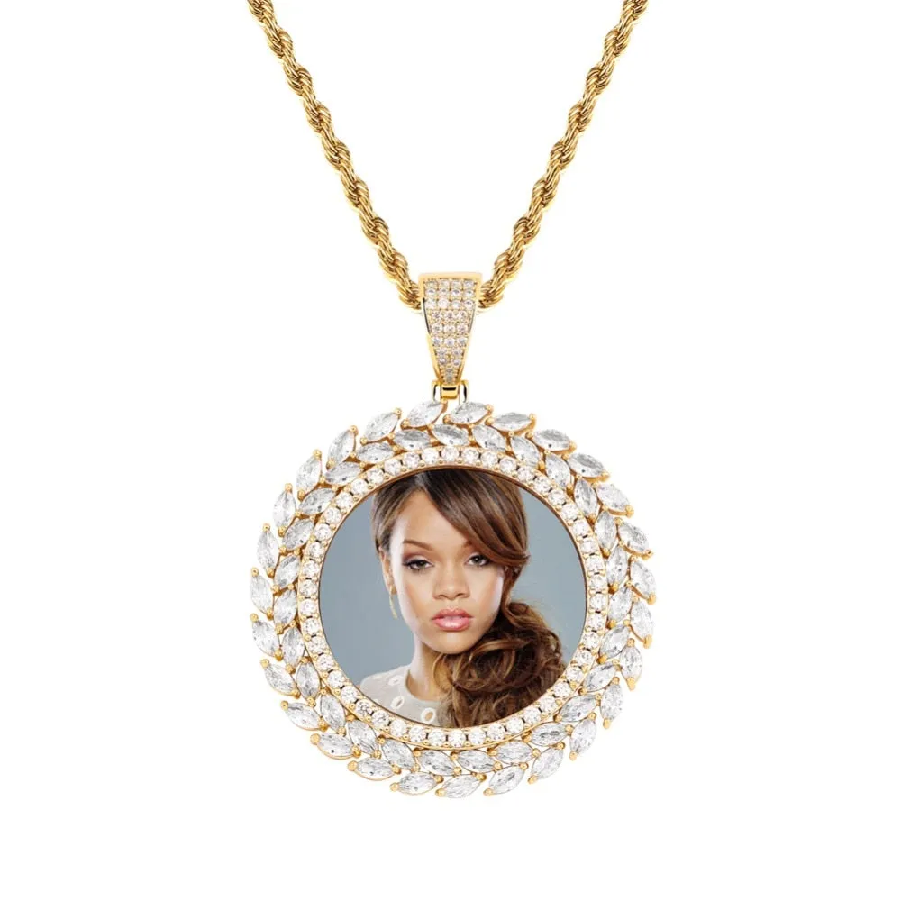 Custom 18k Gold Wheat Cubic Zircon Photo Pendant Necklace