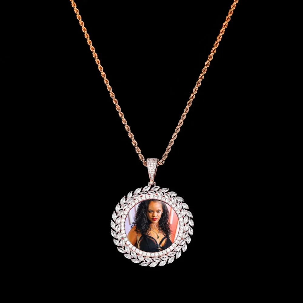 Custom 18k Gold Wheat Cubic Zircon Photo Pendant Necklace