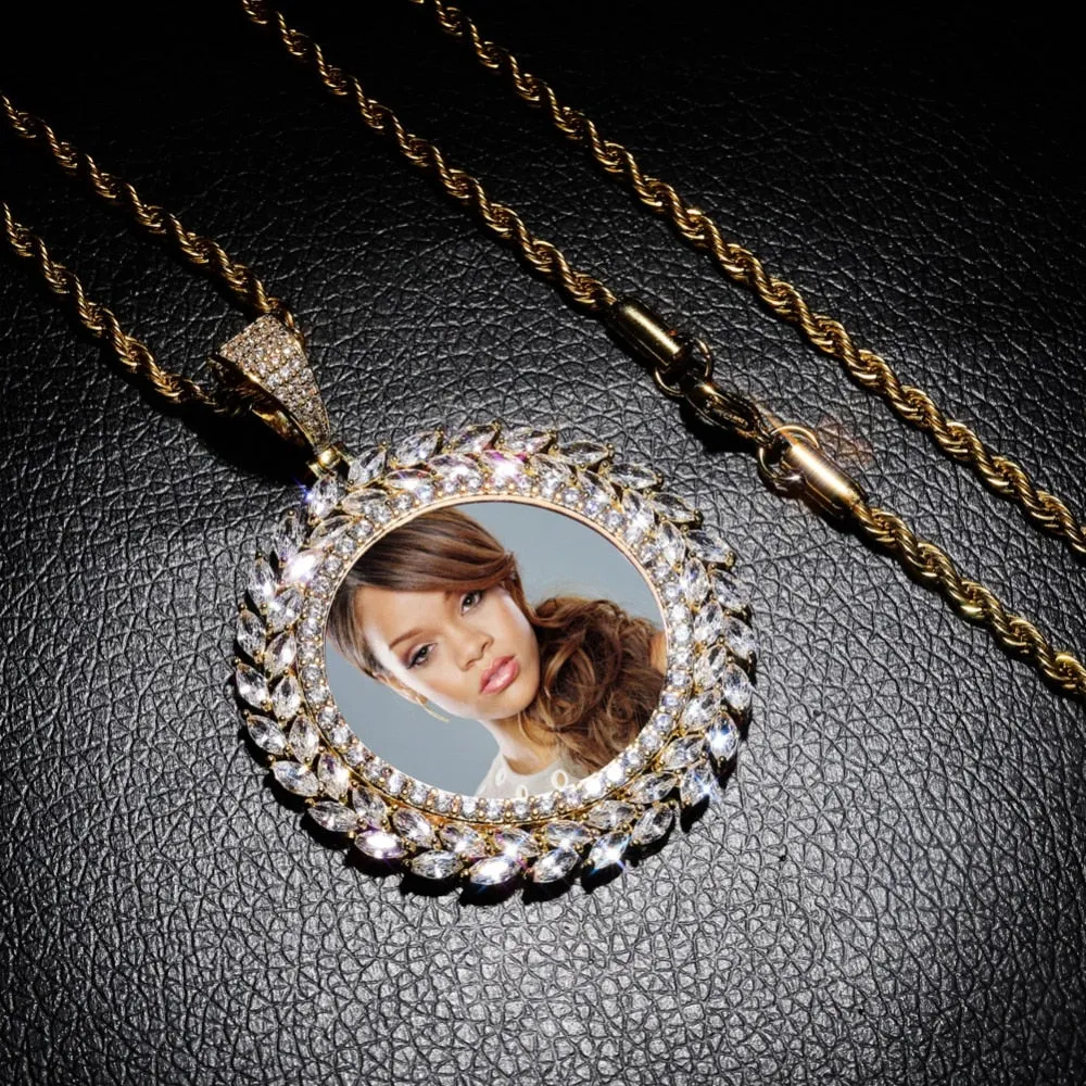 Custom 18k Gold Wheat Cubic Zircon Photo Pendant Necklace