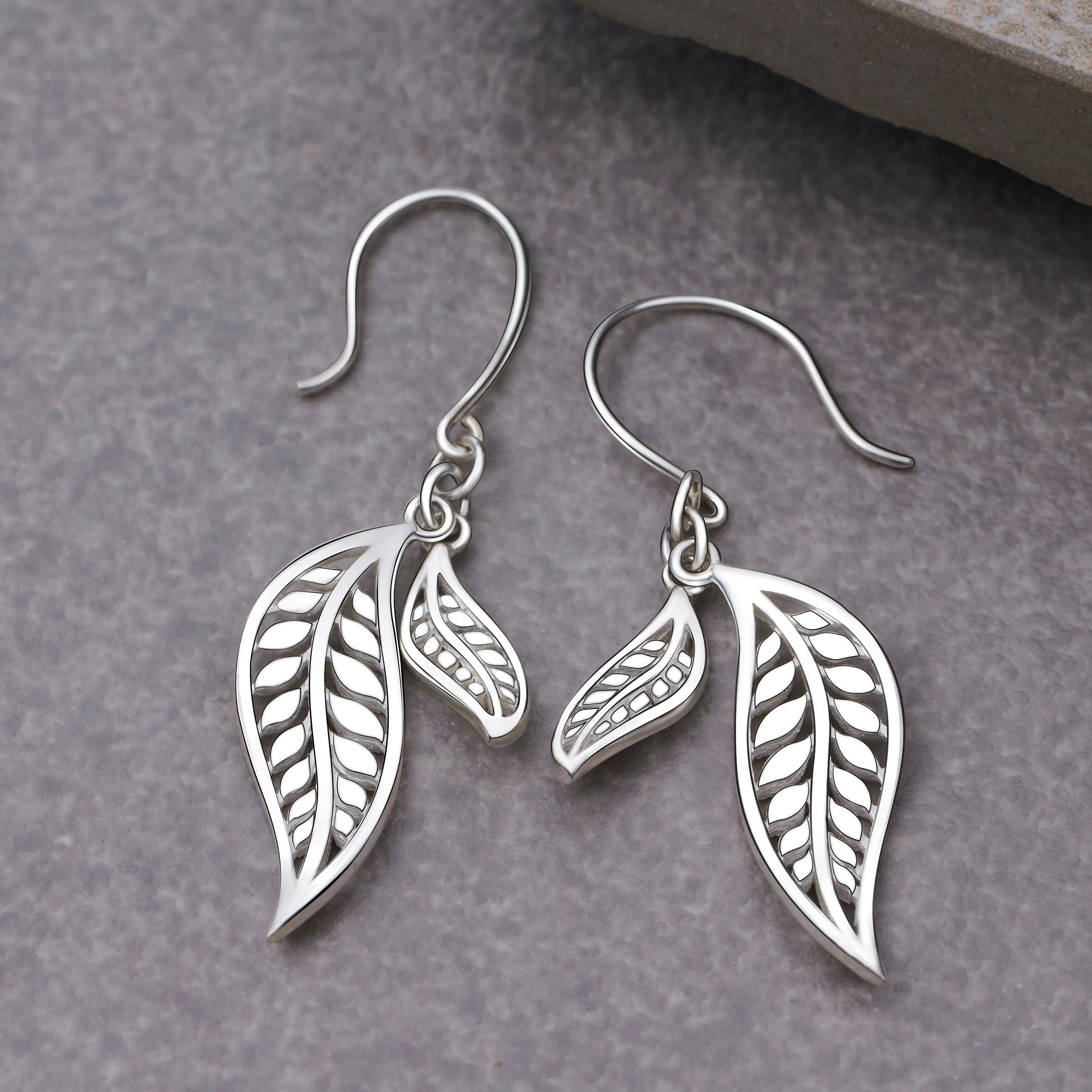 Feathered Leaf Drop Earrings Silver Dangle Earrings