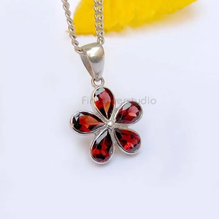 Garnet Pendant Flower Necklace sterling silver pendant, Red garnet pendant necklace, Garnet jewelry January Birthstone Christmas Gift