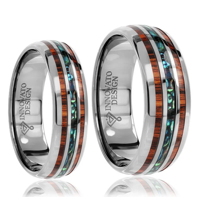 His & Her 6mm/8mm Hawaiian Koa Wood And Abalone Shell Tungsten Carbide Rings Set