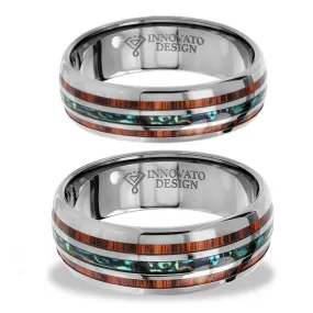 His & Her 6mm/8mm Hawaiian Koa Wood And Abalone Shell Tungsten Carbide Rings Set