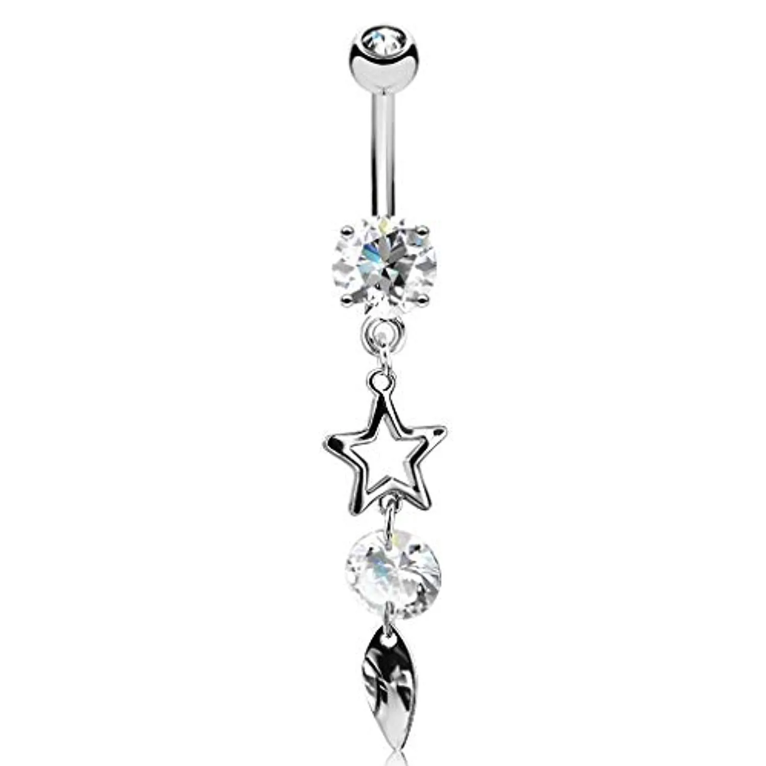 Hollow Star, CZ and Leaf Vertical Drop Dangle Prong Set CZ WildKlass Belly Rings