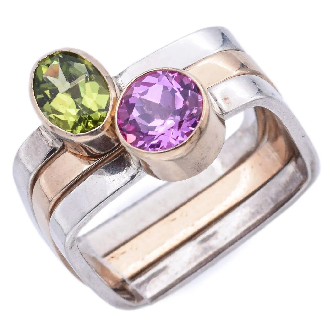 Lot of 3 Silver & 14K Gold Peridot & Pink Sapphire Square Rings Size 5.75