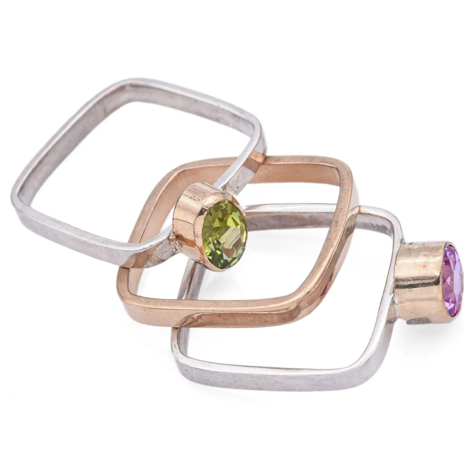 Lot of 3 Silver & 14K Gold Peridot & Pink Sapphire Square Rings Size 5.75