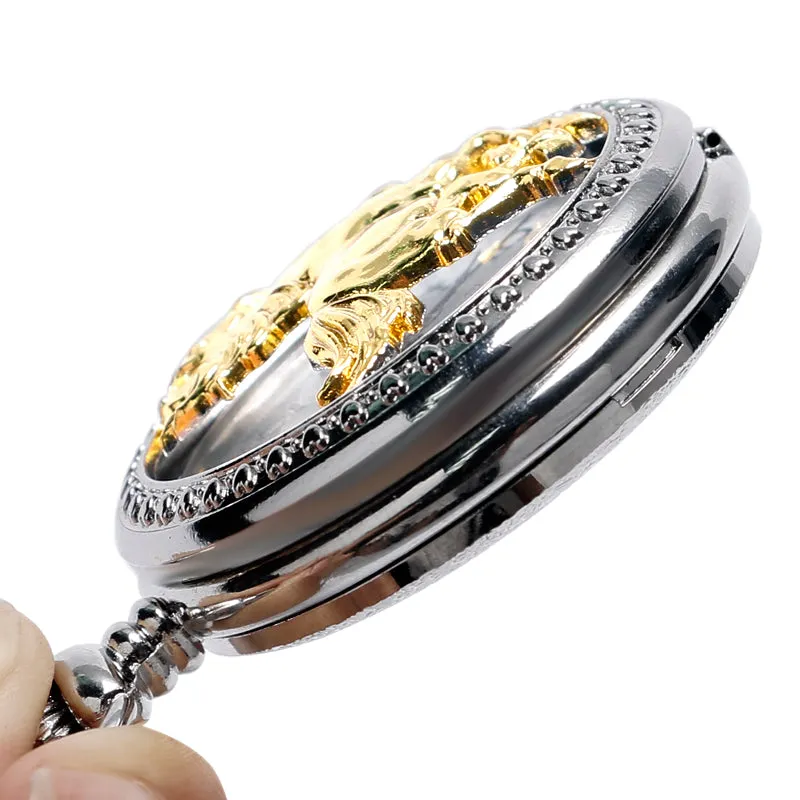 Luxurious Silver Golden Running Horse Pocket Watch