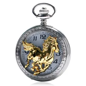 Luxurious Silver Golden Running Horse Pocket Watch