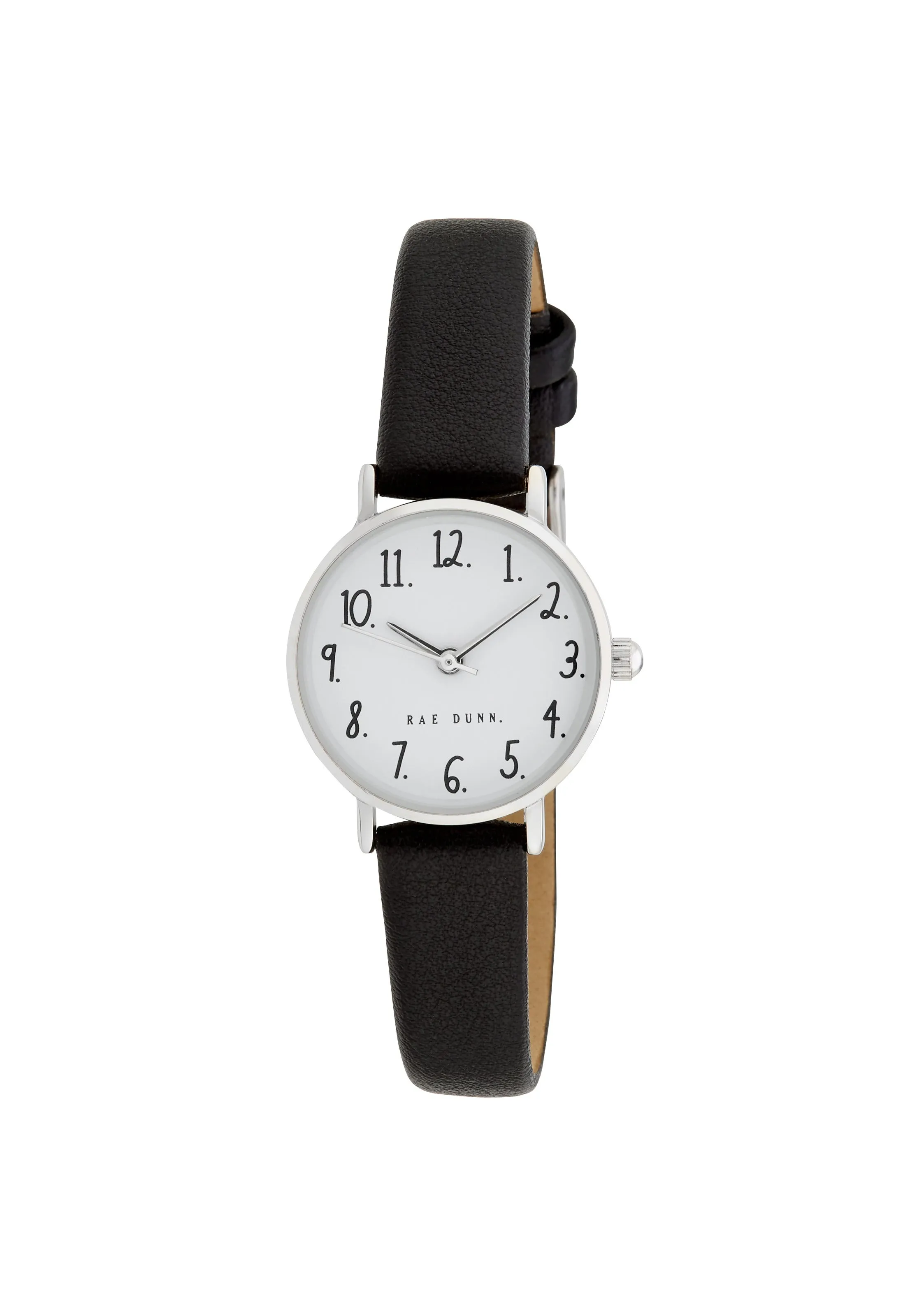 MEGAN Round Face Vegan Leather Strap Watch in Black with Silver, 26mm